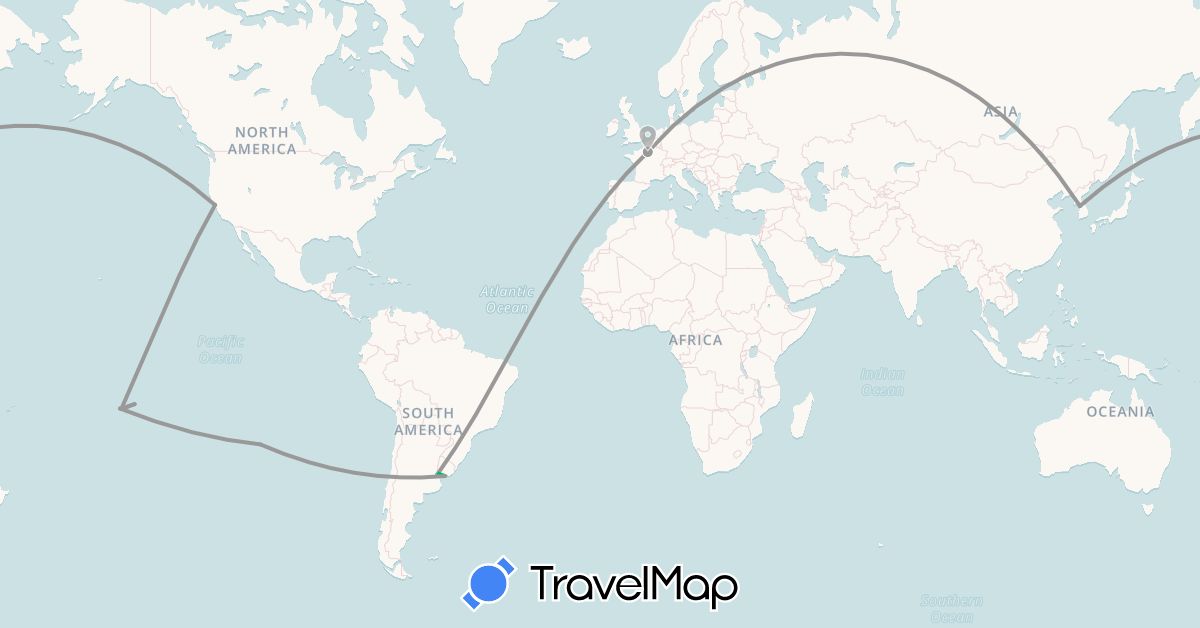 TravelMap itinerary: driving, bus, plane, boat in Argentina, Chile, France, South Korea, French Polynesia, United States, Uruguay (Asia, Europe, North America, Oceania, South America)